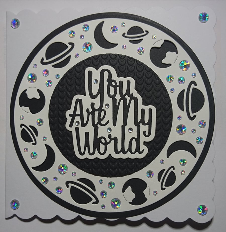 Valentine's Card You Are My World Black White Solar System Planets Gems