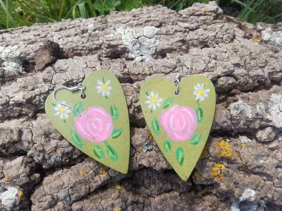 Wooden Hand Painted Folk Art Heart and Rose earrings