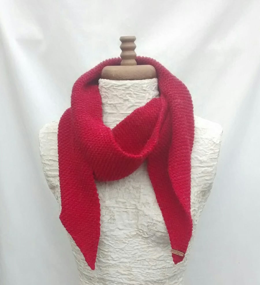 Women's Red Scarf, Hand Knitted in Wool and Acrylic Blend