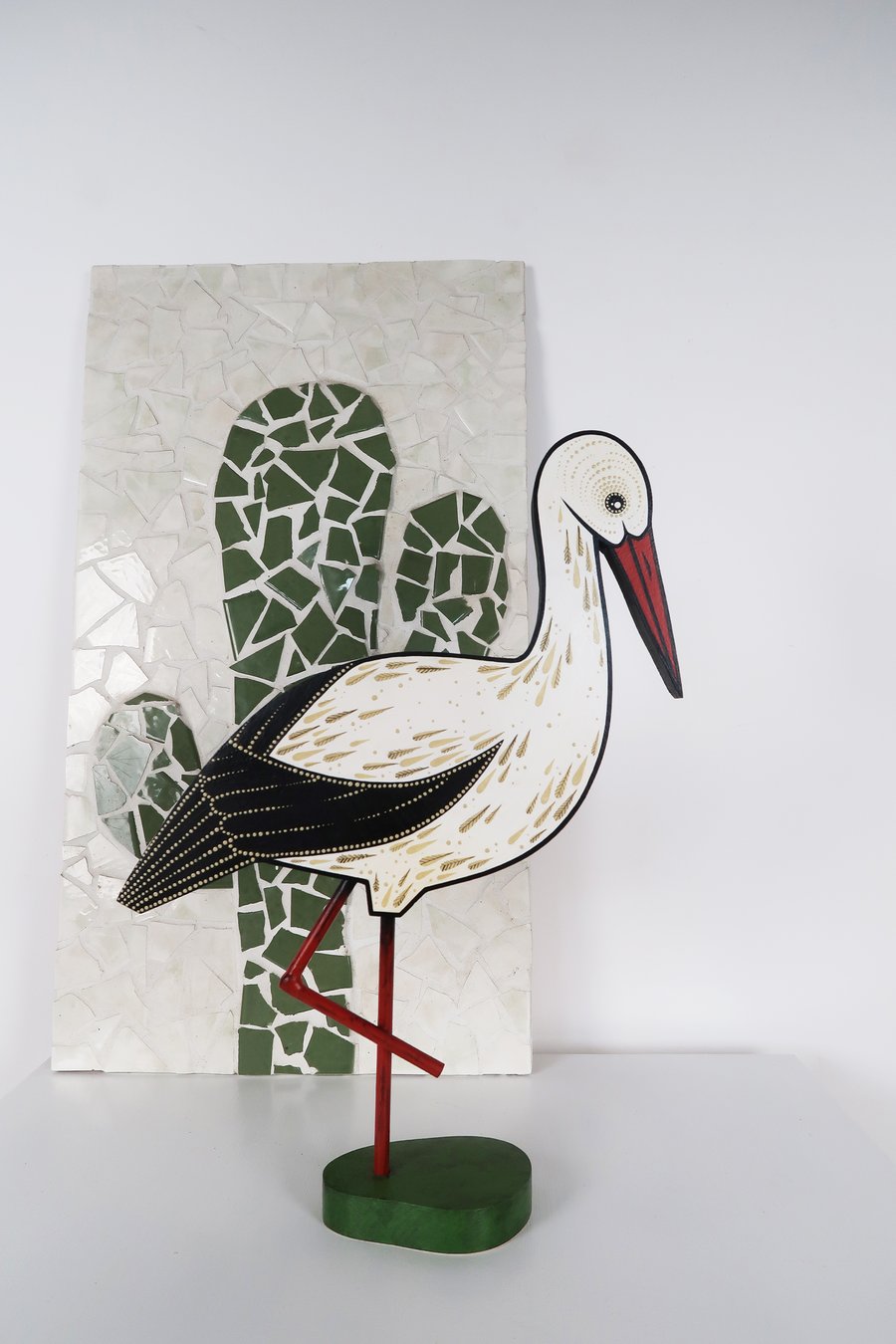 Stork ornament, hand painted wooden bird statue, bird decoration.