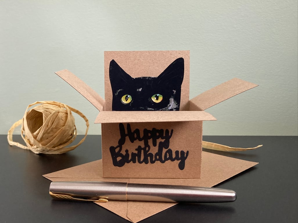 Cat Birthday Card - Black Cat box card. Birthday gift card holder for cat lovers