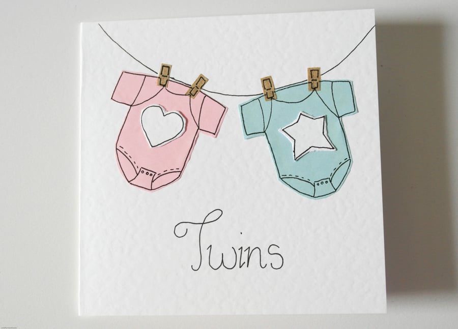 Boy And Girl Twins Handmade Greeting Card, New Baby Twins Card, Multiple Babies 