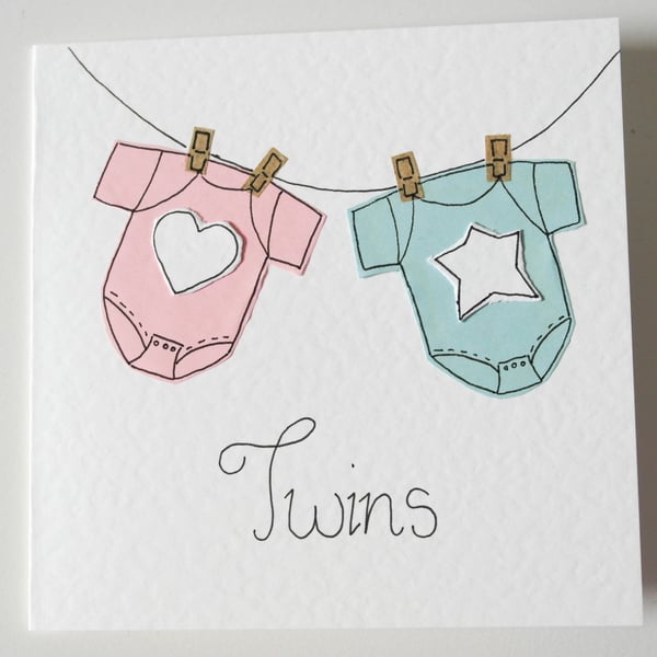 Boy And Girl Twins Handmade Greeting Card, New Baby Twins Card, Multiple Babies 