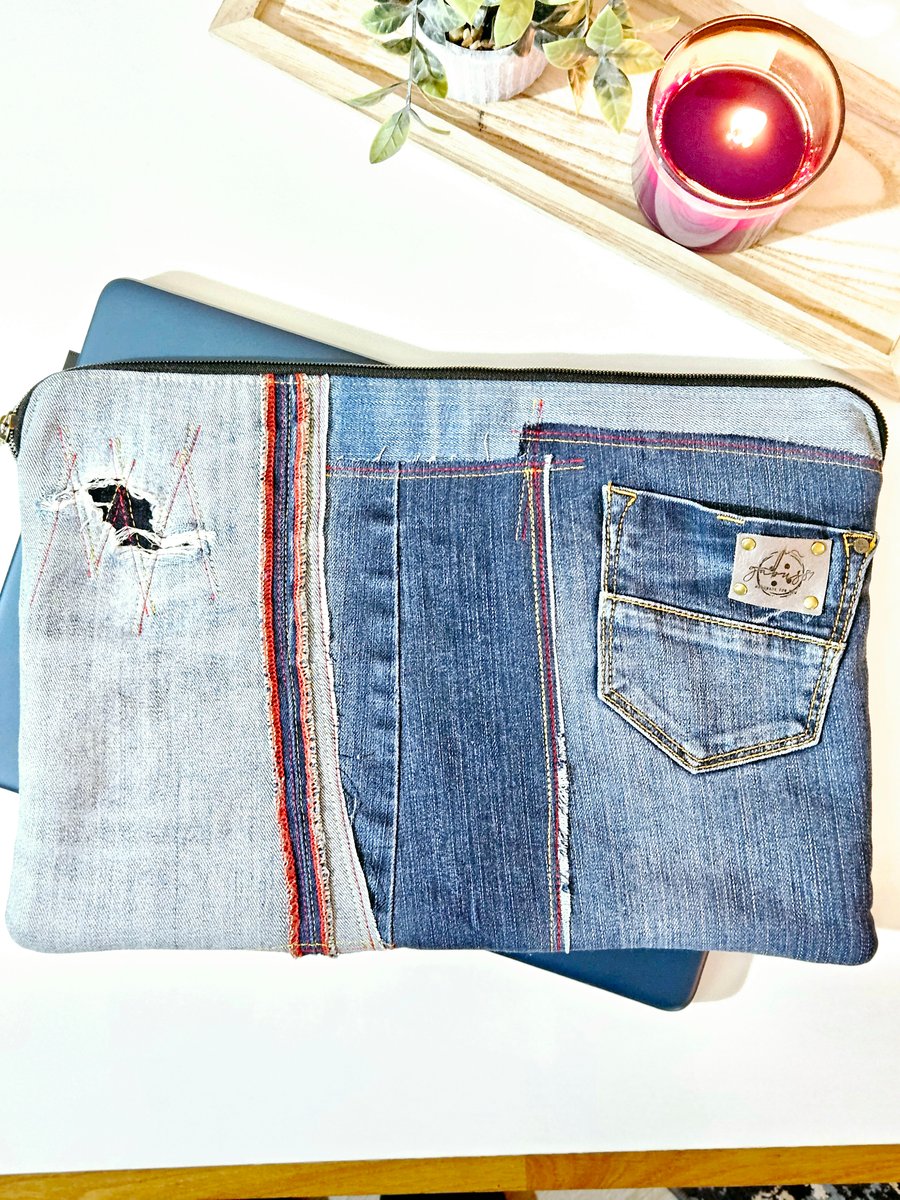 Upcycled jeans laptop sleeve Denim patchwork cover 