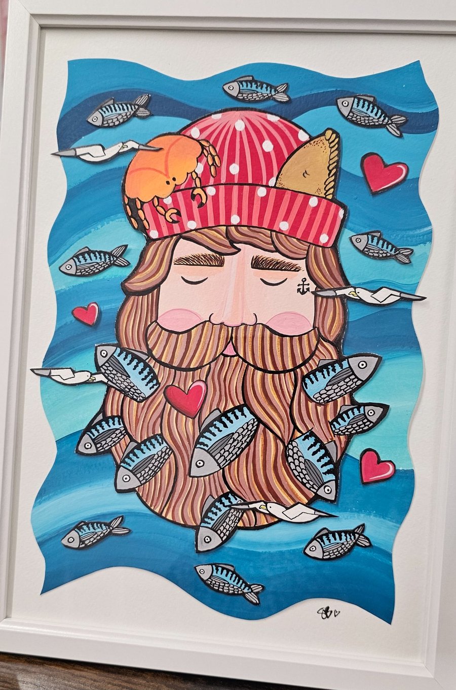 A cornish fisherman with lots of mackerel. Layered original painting.