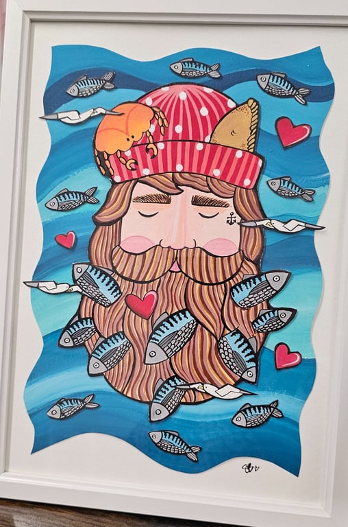 A cornish fisherman with lots of mackerel. Layered original painting.