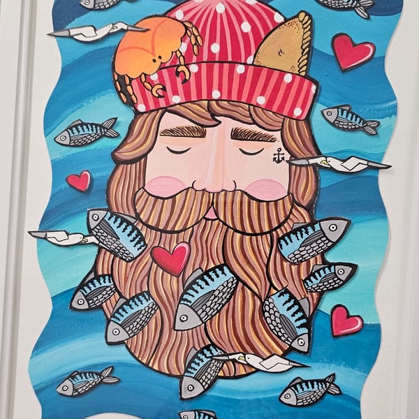A cornish fisherman with lots of mackerel. Layered original painting.