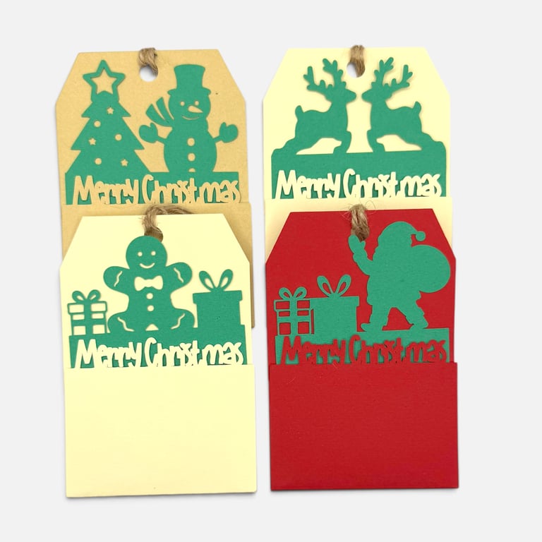 Handmade Christmas Gift Tags, Slide In Message Tags, Red Set of 4