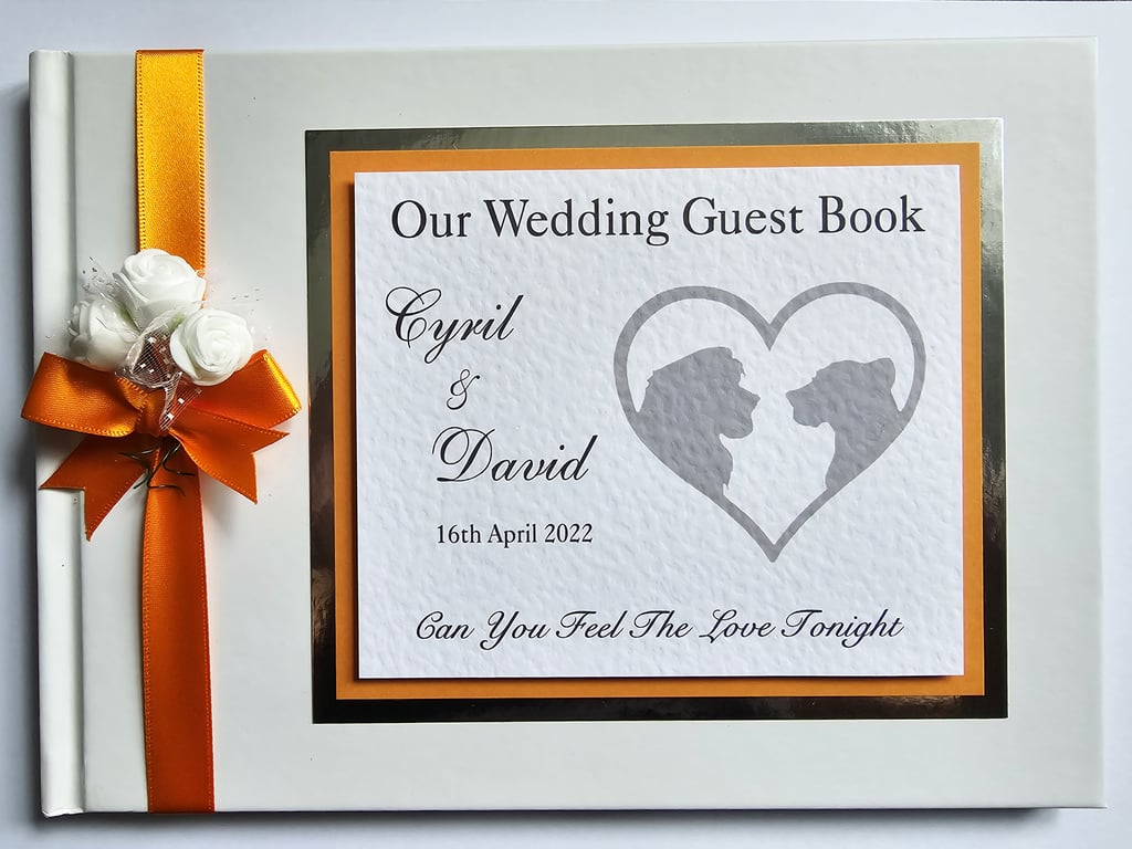 Lion King wedding guest book, orange and silver guest book, wedding gift