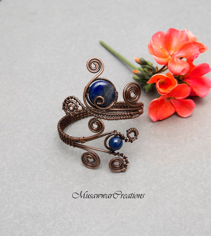 Lapis Lazuli Cuff Bracelet, Antique copper bracelet cuff, Copper wire adjustable