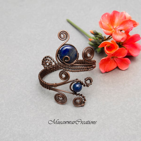 Lapis Lazuli Cuff Bracelet, Antique copper bracelet cuff, Copper wire adjustable