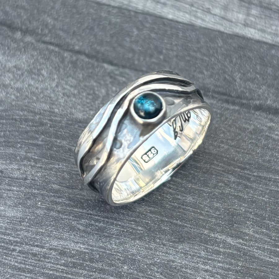 Blue Topaz Wave Ring, Blue Topaz Ring, silver wave ring, ocean ring, sea ring, l
