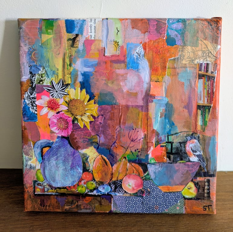 Autumn still life collage. Acrylic and collaged gelli printed papers 