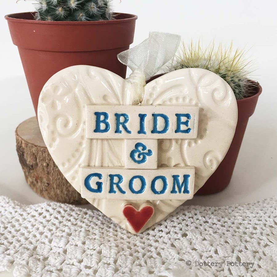 Wedding gift Pottery heart decoration gift tag Just Married bride and groom