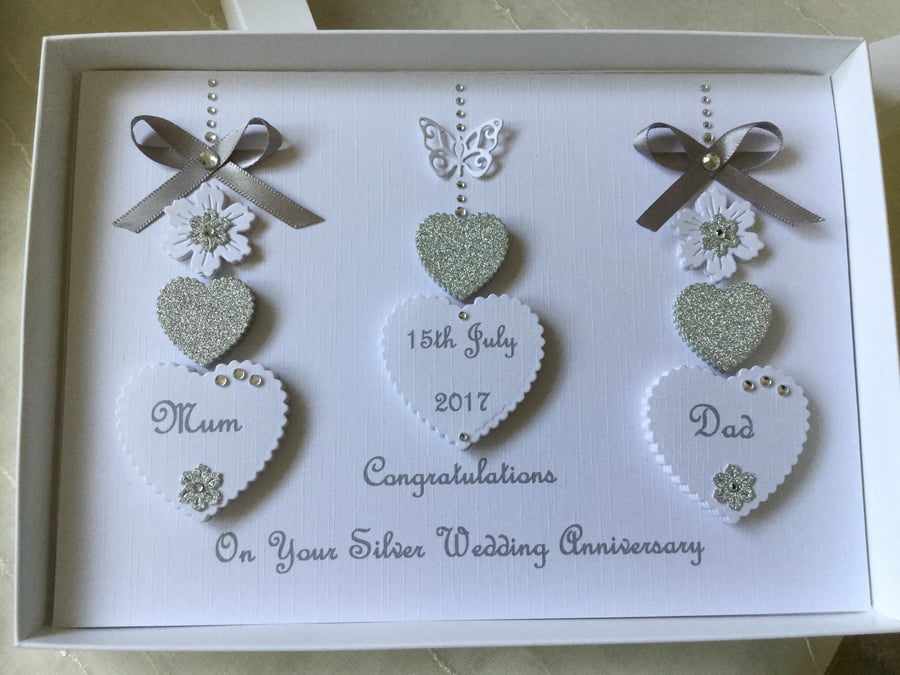 Personalised Silver Wedding Anniversary Card 25th Diamond 60th Mum Dad Handmade 