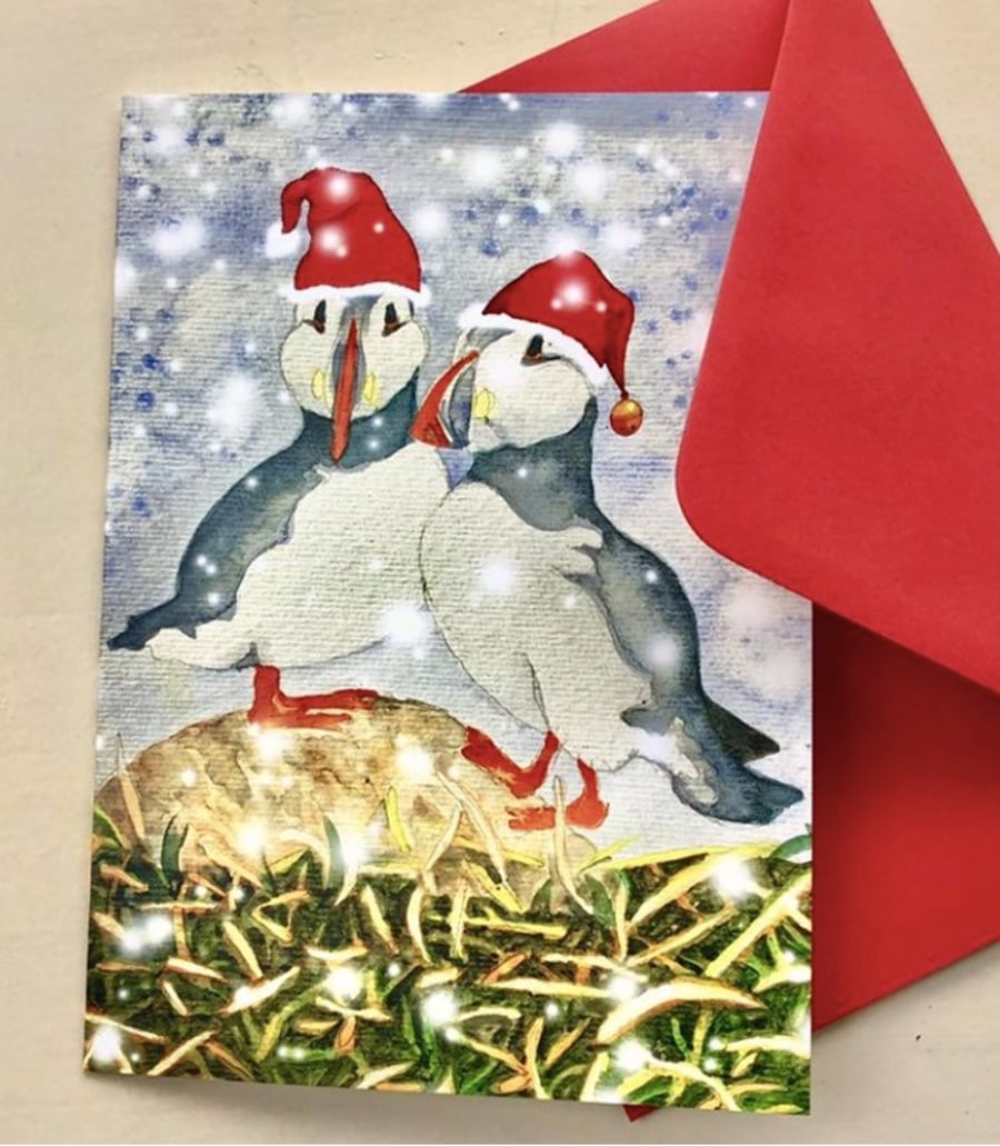 Snowy Winter Puffins. Cute Birds Christmas Card
