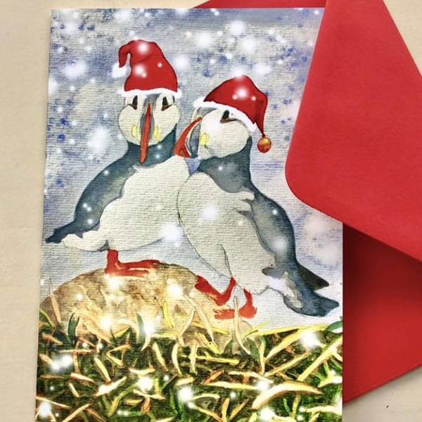 Snowy Winter Puffins. Cute Birds Christmas Card
