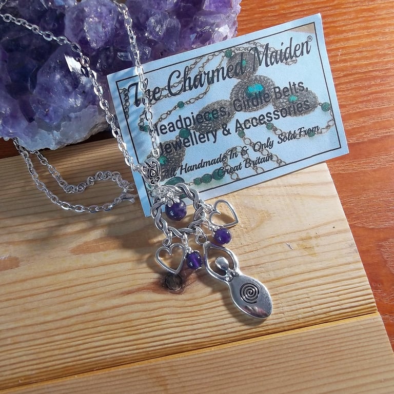 Amethyst Heart Goddess Pendant Necklace, Pagan, Wiccan