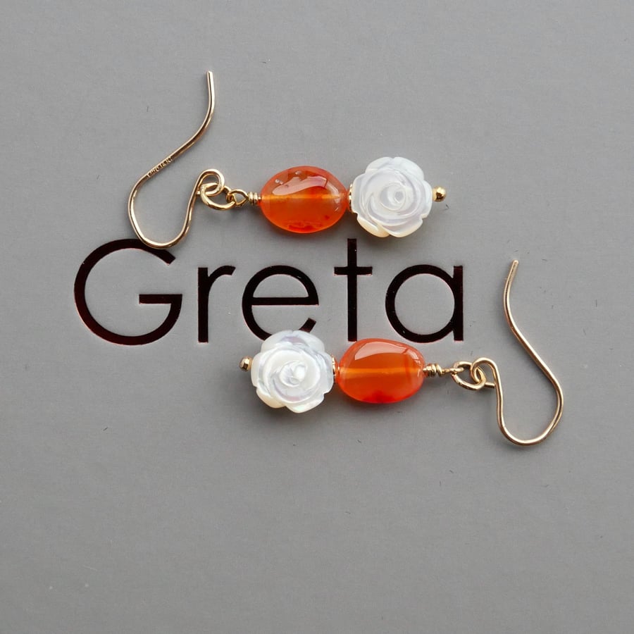Carnelian Earrings with Carved Mother of Pearl Roses - 14k Gold Filled Hooks