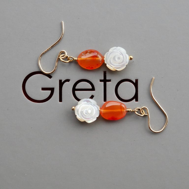 Carnelian Earrings with Carved Mother of Pearl Roses - 14k Gold Filled Hooks