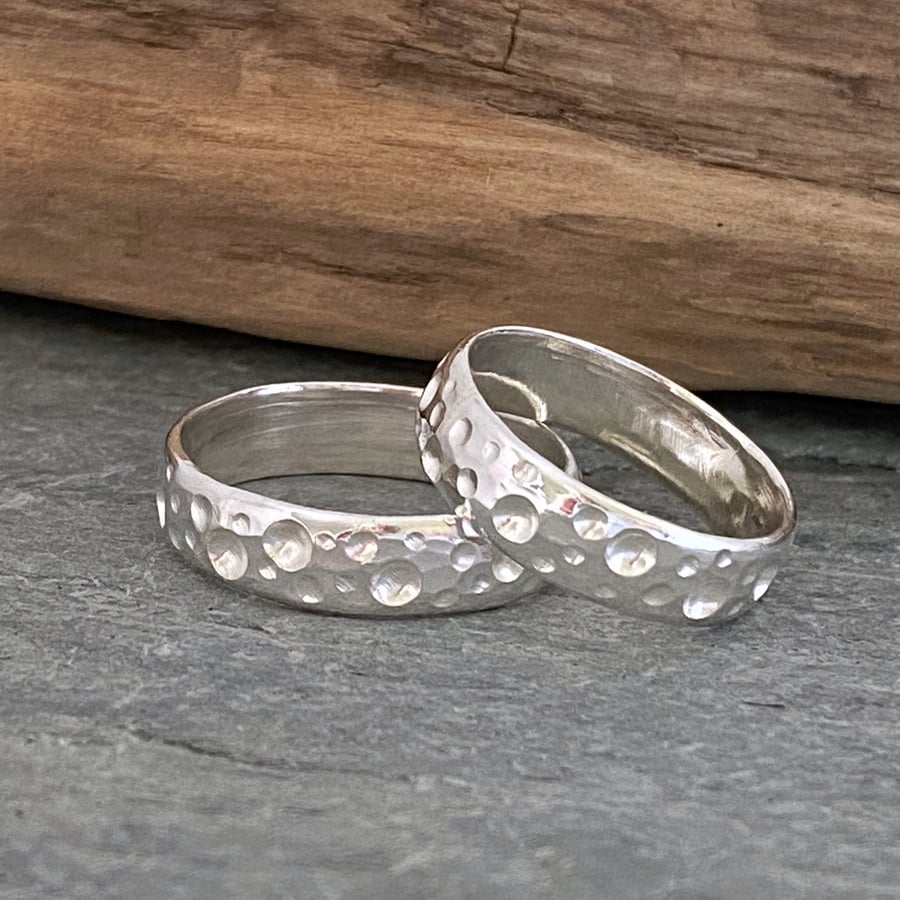 Hammered silver ring band with bubbles pattern - unusual patterned ring 