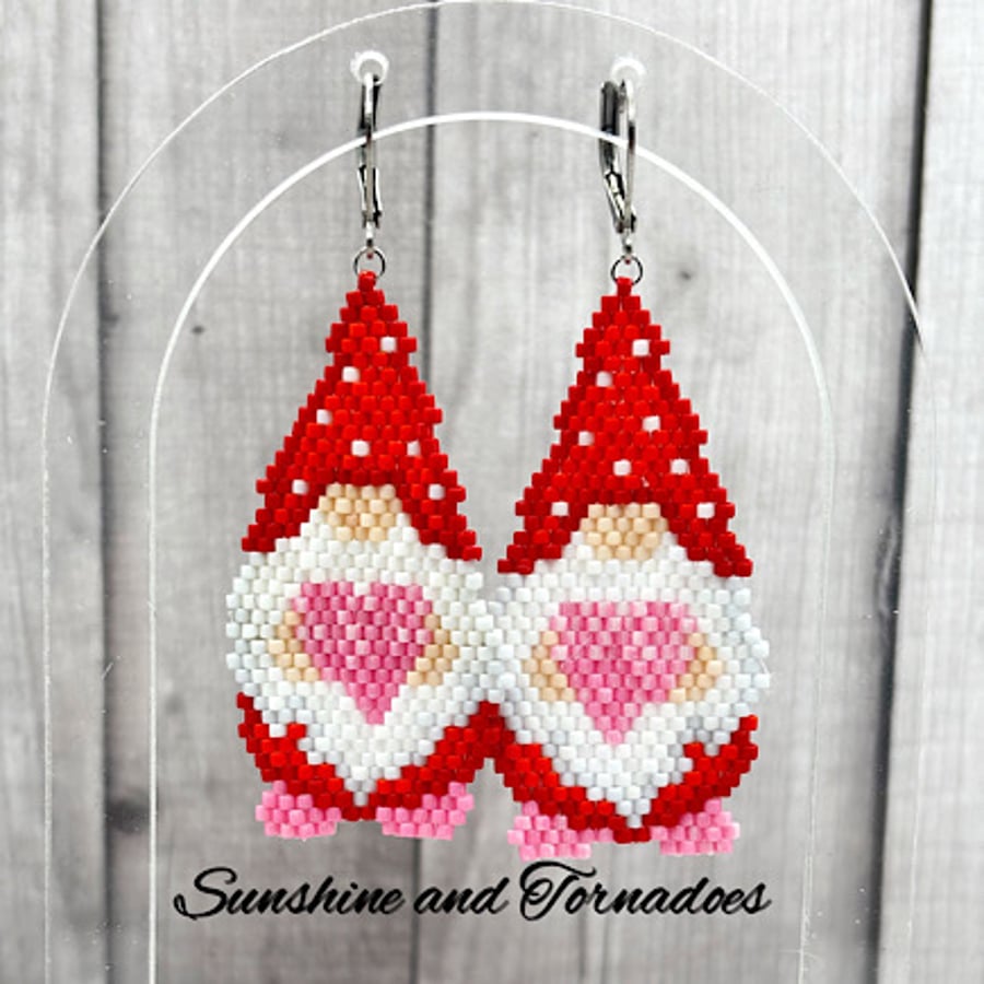 Handmade Beadwork Earrings - Gnome with Heart