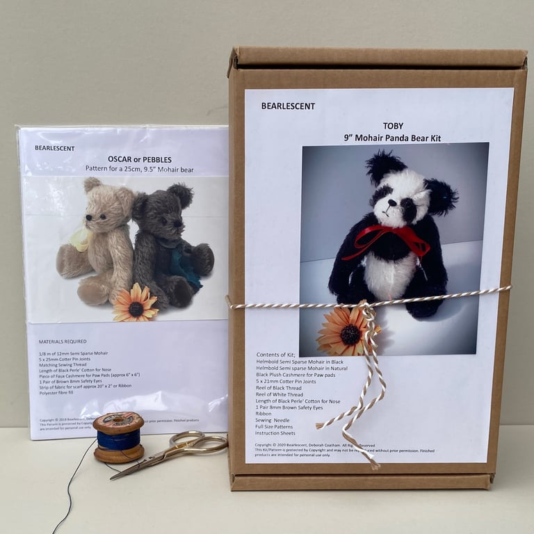 Panda bear making kit plus teddy bear sewing pattern, craft kit bundle