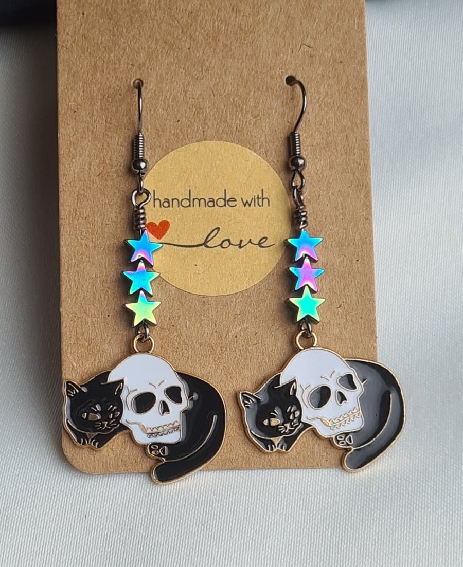 Cat and Skull Charm Earrings  - Star beads