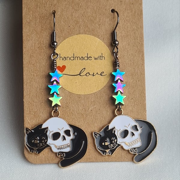 Cat and Skull Charm Earrings  - Star beads