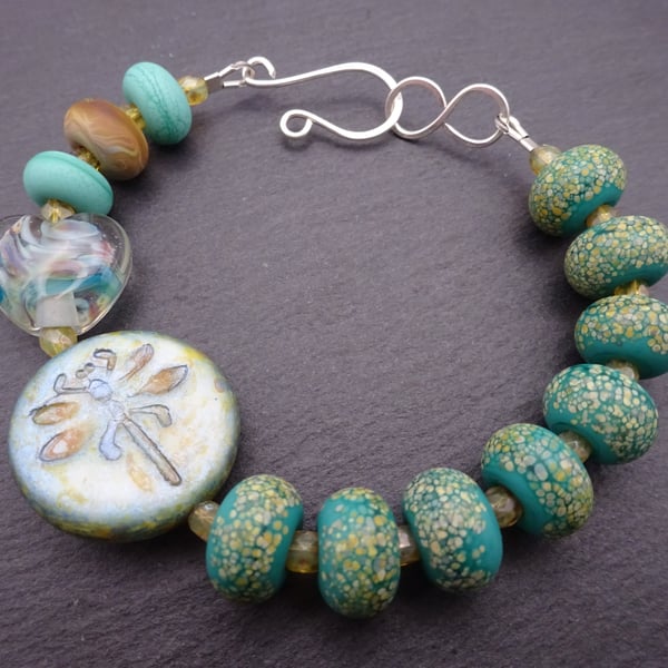 green lampwork glass bracelet, dragonfly