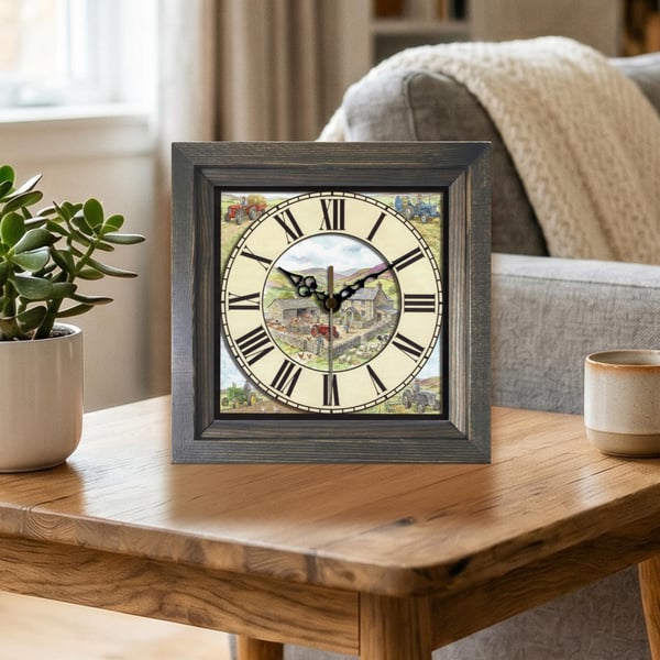 Vintage Style Farmyard & Tractor Scene Square Wooden Wall Clock -Handmade 8x8"
