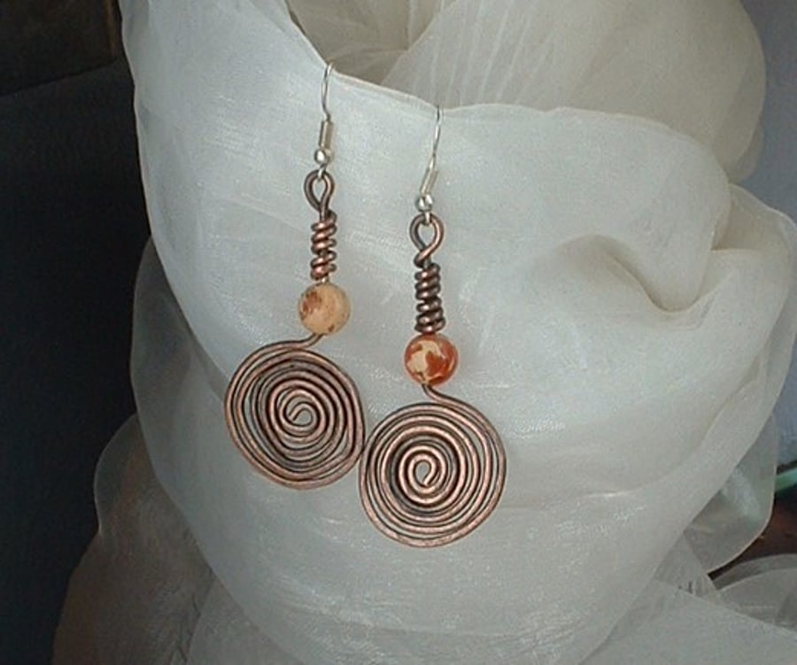 Sun God Rustic Copper Spiral Earrings 