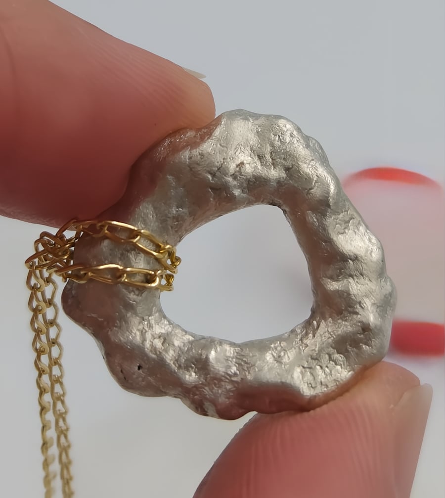 Molten Flow: Irregular Silver Circle Pendant on Gold Vermeil Chain