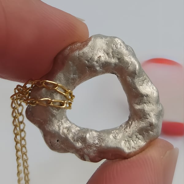 Molten Flow: Irregular Silver Circle Pendant on Gold Vermeil Chain