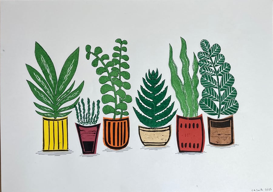 House Plant Display, Lino Print, 'Perfectly Imperfect'