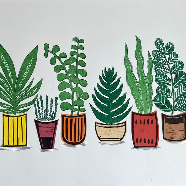House Plant Display, Lino Print, 'Perfectly Imperfect'