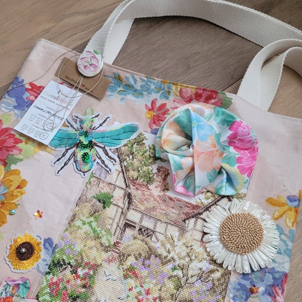Upcycled Floral Tapestry Tote Bag 