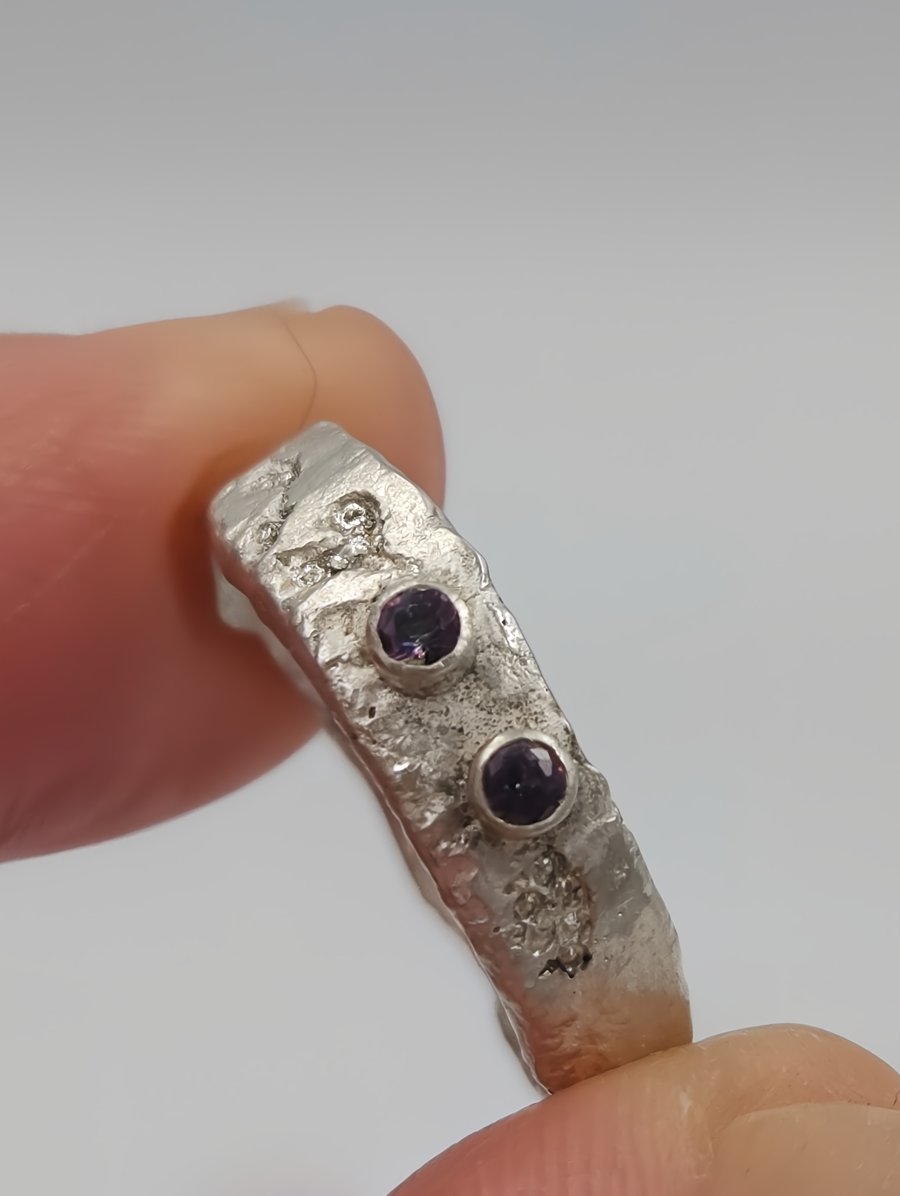 Hand Forged Sterling Silver Ring – Molten Texture, Mystic Topaz - Size J