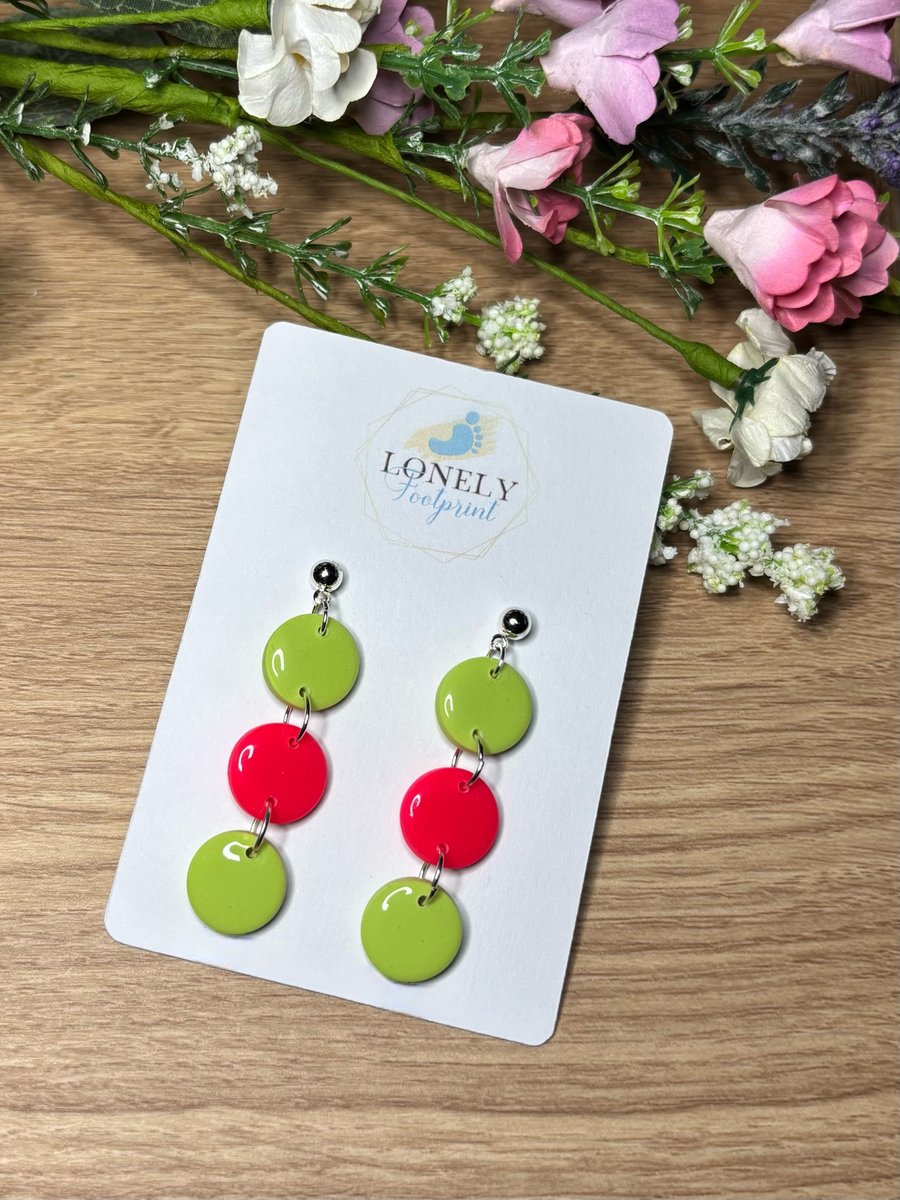 Bright Green and Pink Polymer Clay Earrings - Lightweight Handmade Earrings 