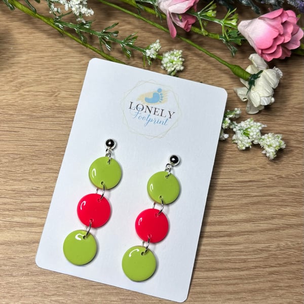 Bright Green and Pink Polymer Clay Earrings - Lightweight Handmade Earrings 