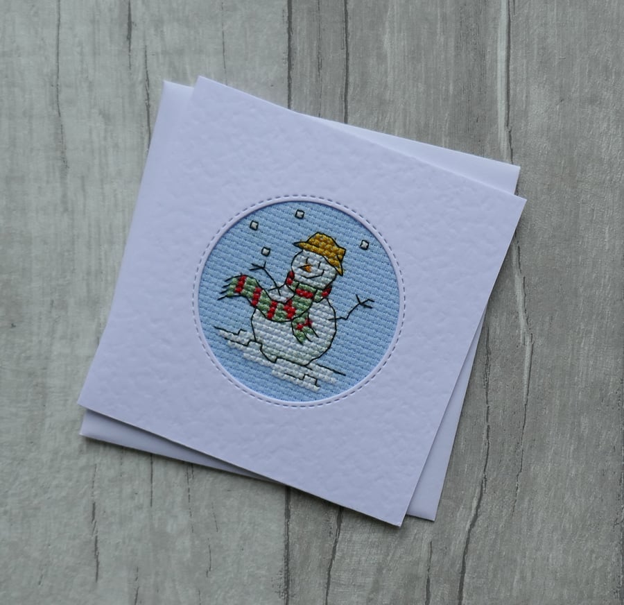 Christmas Card - Cross Stitch Snowman with Scarf