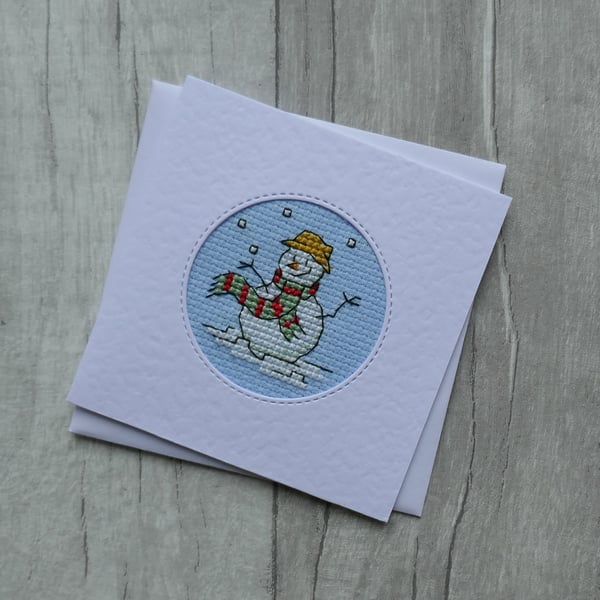 Christmas Card - Cross Stitch Snowman with Scarf