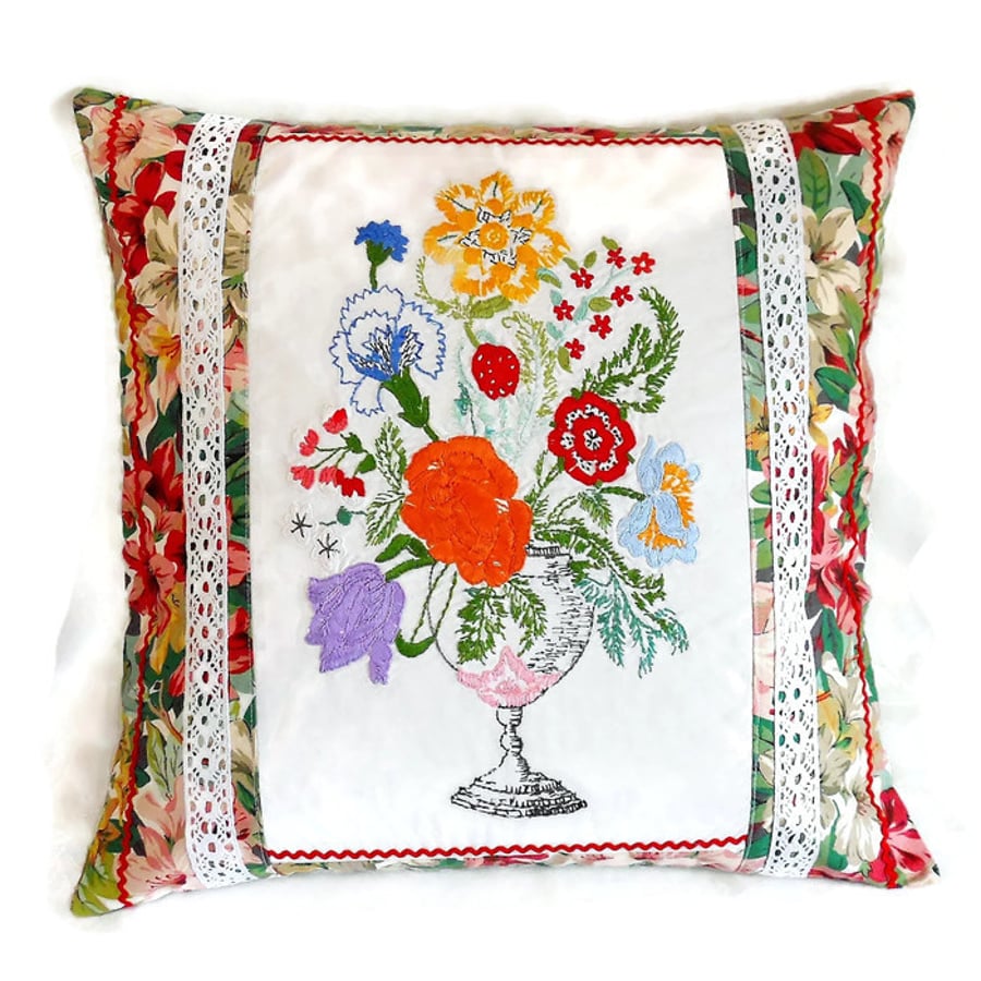  SALE Vintage Fabric Embroidered Linen Patchwork Cushion 