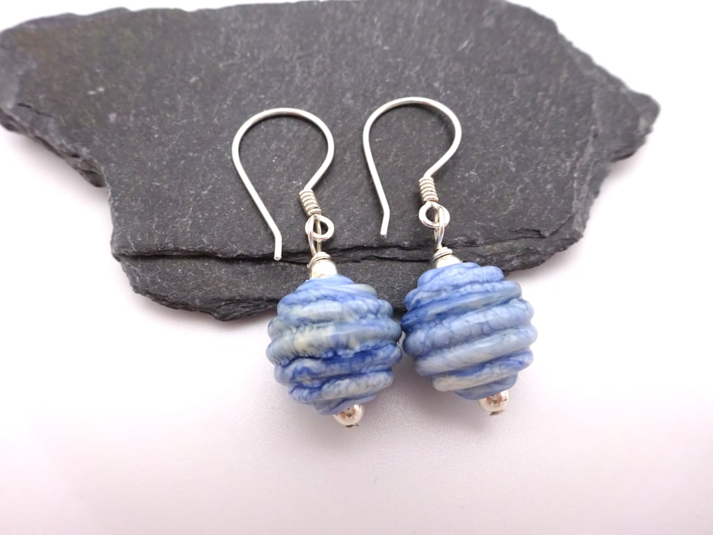 lampwork glass blue sea ribbed earrings