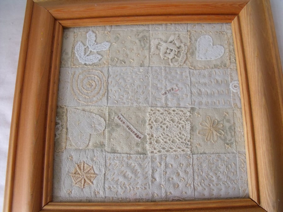vintage style embroidered woven canvas textile framed picture
