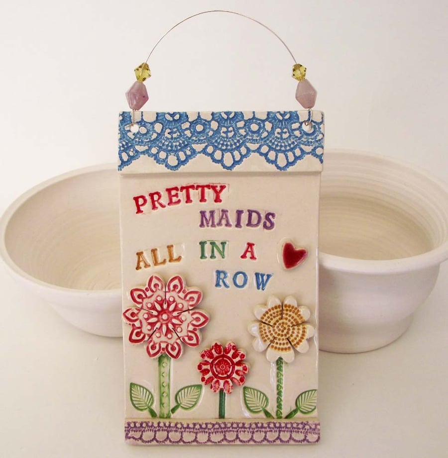 Ceramic flower wall plaque Pretty Maids all in a Row 