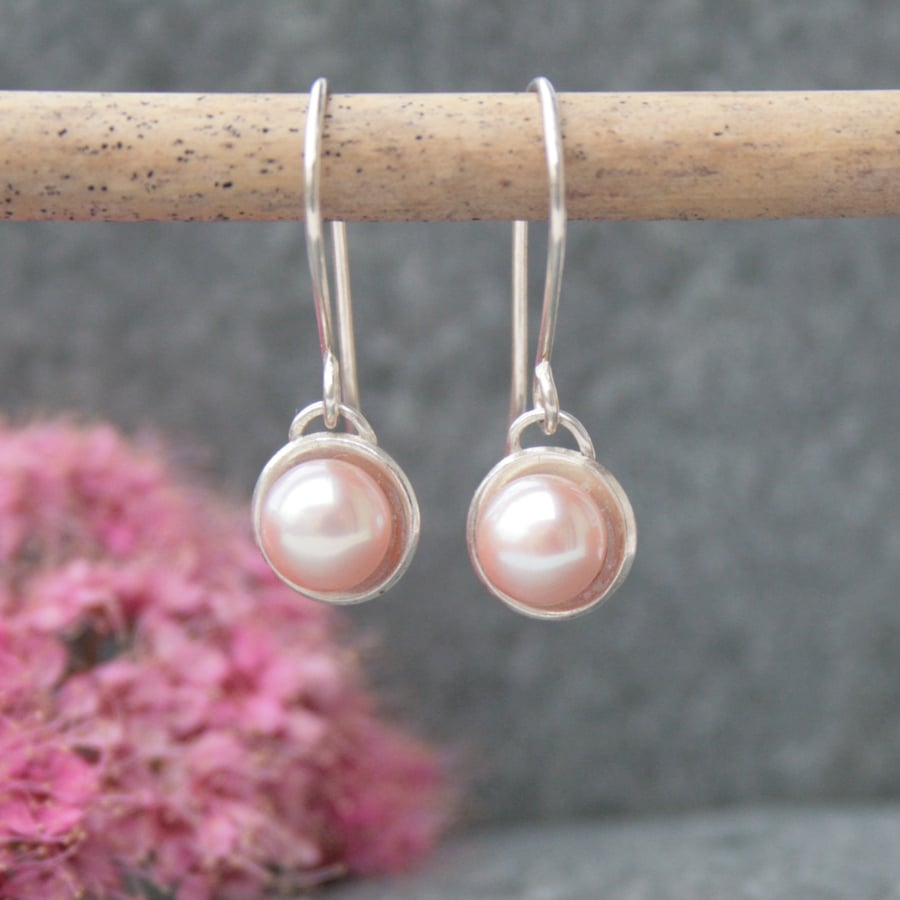 Long silver and pink pearl earrings, wedding jewellery, bridesmaid gift idea