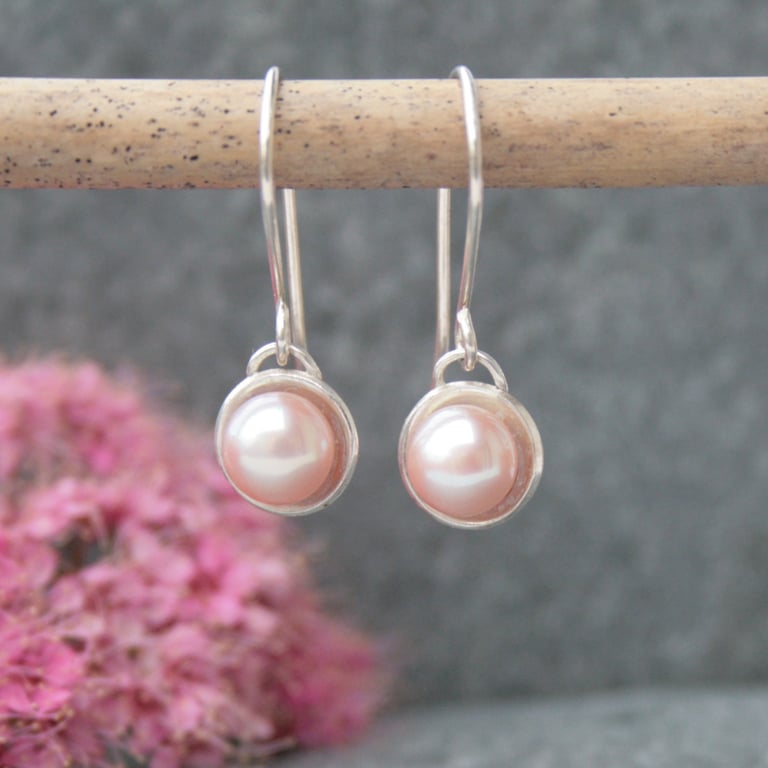 Long silver and pink pearl earrings, wedding jewellery, bridesmaid gift idea