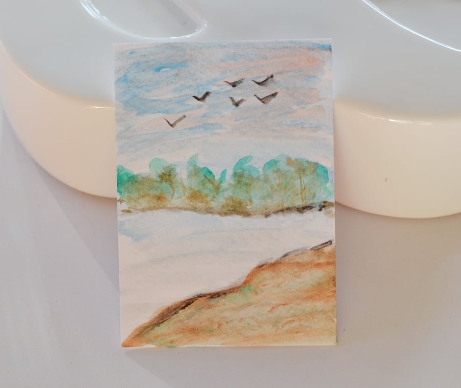 Lake and Birds Aceo WaterColour Painting,  Miniture Art