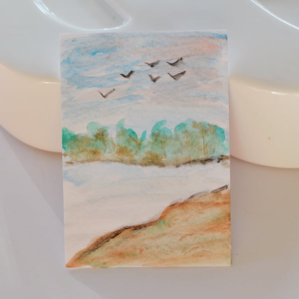 Lake and Birds Aceo WaterColour Painting,  Miniture Art